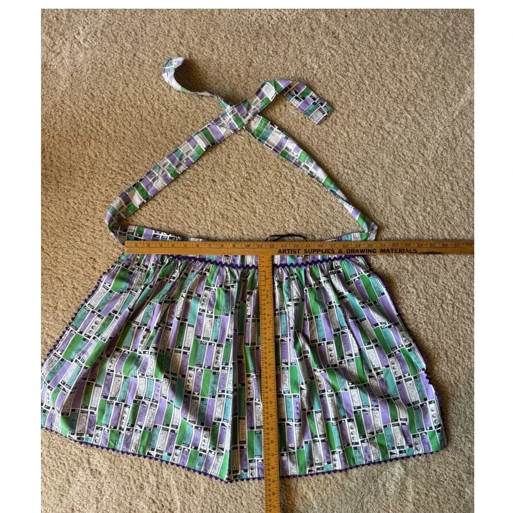 Vintage 1960s Handmade Half Apron Green Purple Rickrack Trim Novelty Print